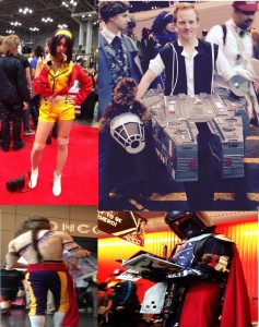 Clockwise from top left: Cowboy Bebop's Faye Valentine; Star Wars' Han and Chewy with SuperMario Bros.' Mario and another cosplayer; Streetfighter's Vega; Star Wars' the Mandalorian